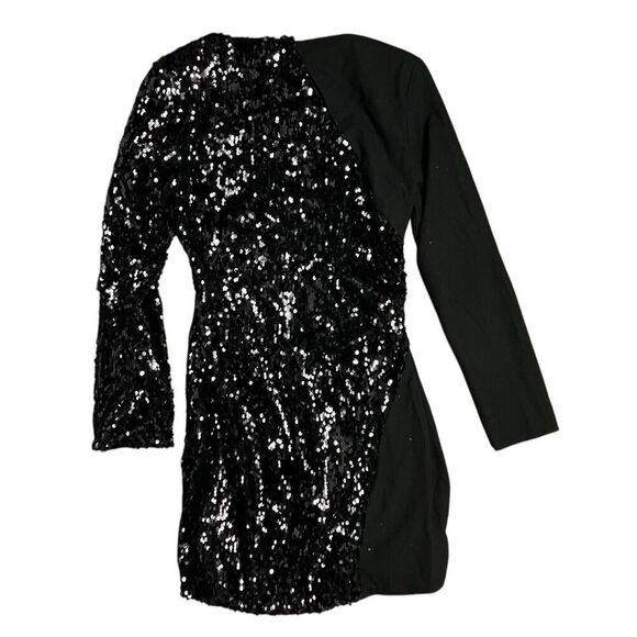 Zara Dress‎ WMNS M Black Sequin Mini Long Sleeve Asymmetric Avant Party Club - Picture 11 of 13